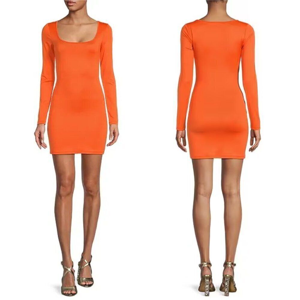 NWT Gianni Bini Mini Icon Knit Scoop Neck Long Sleeve Dress in Mandarin